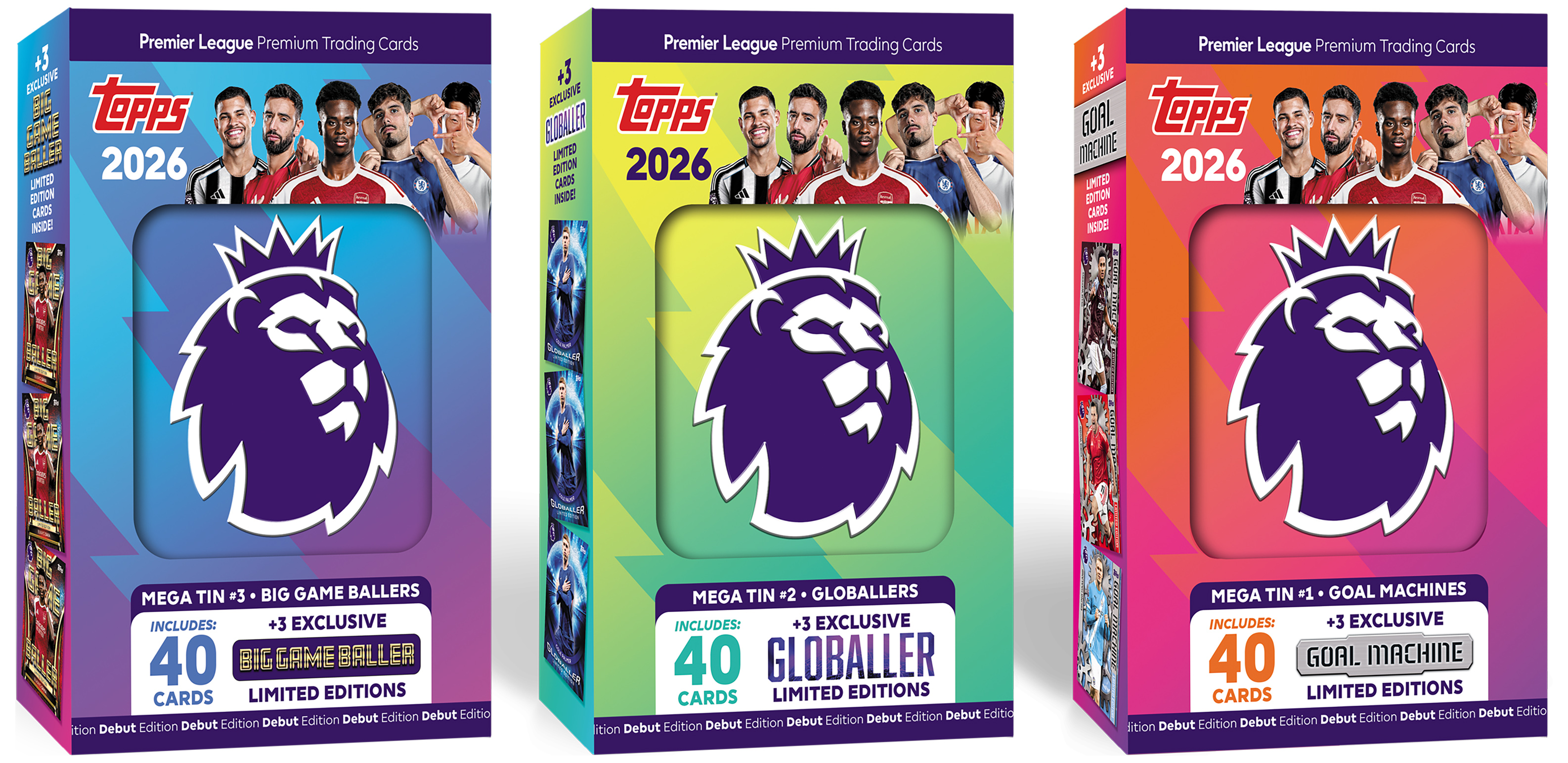 Boîte Mega Tin Topps Premier League 2026 - 40 Cartes + 3 Cartes Goal Machine, édition Début