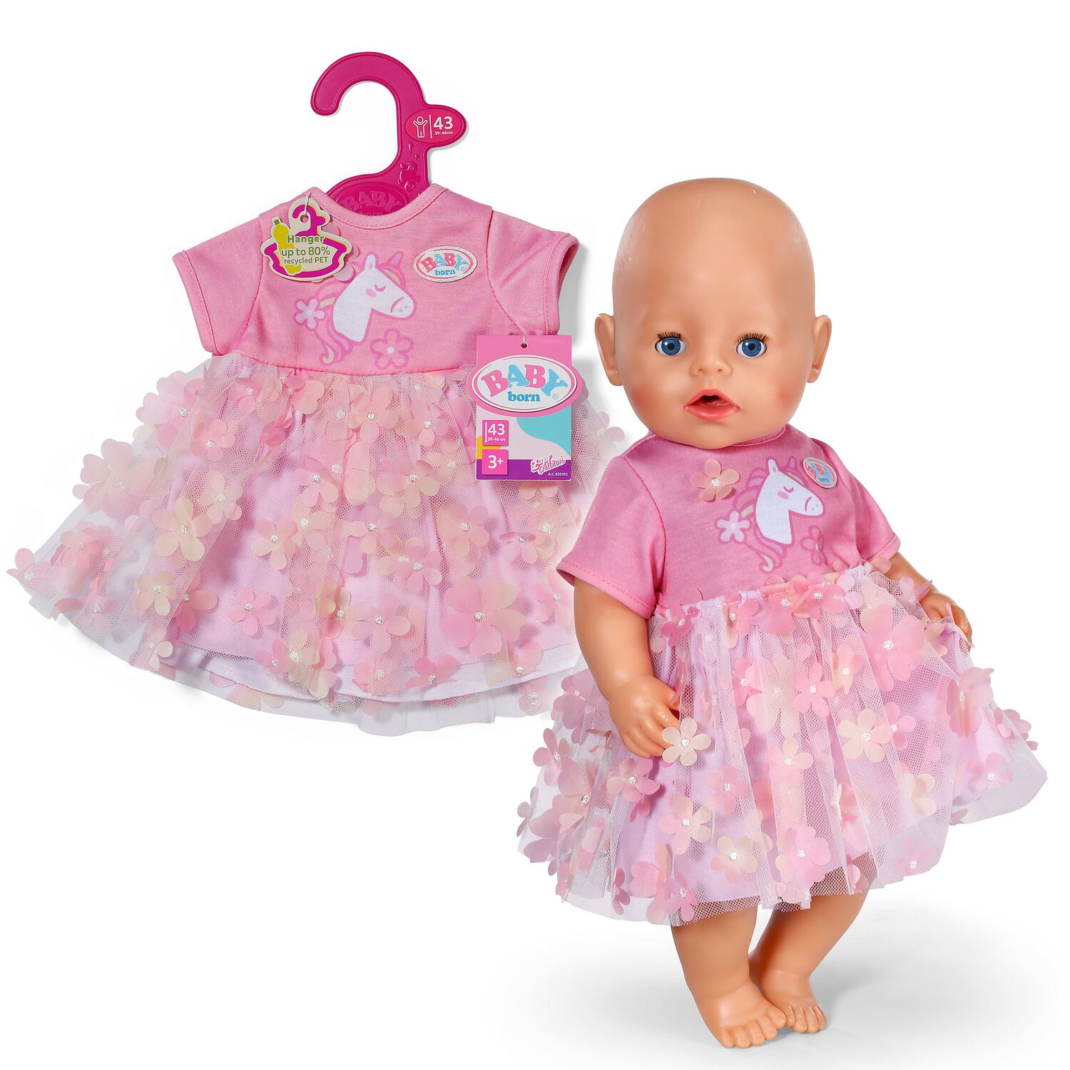 Traje De Unicornio Para Muñeca BABY Born De 43 Cm – Jersey Con Capucha Y Cuerno Plateado, Pantalón A Juego, Percha De Material Reciclado