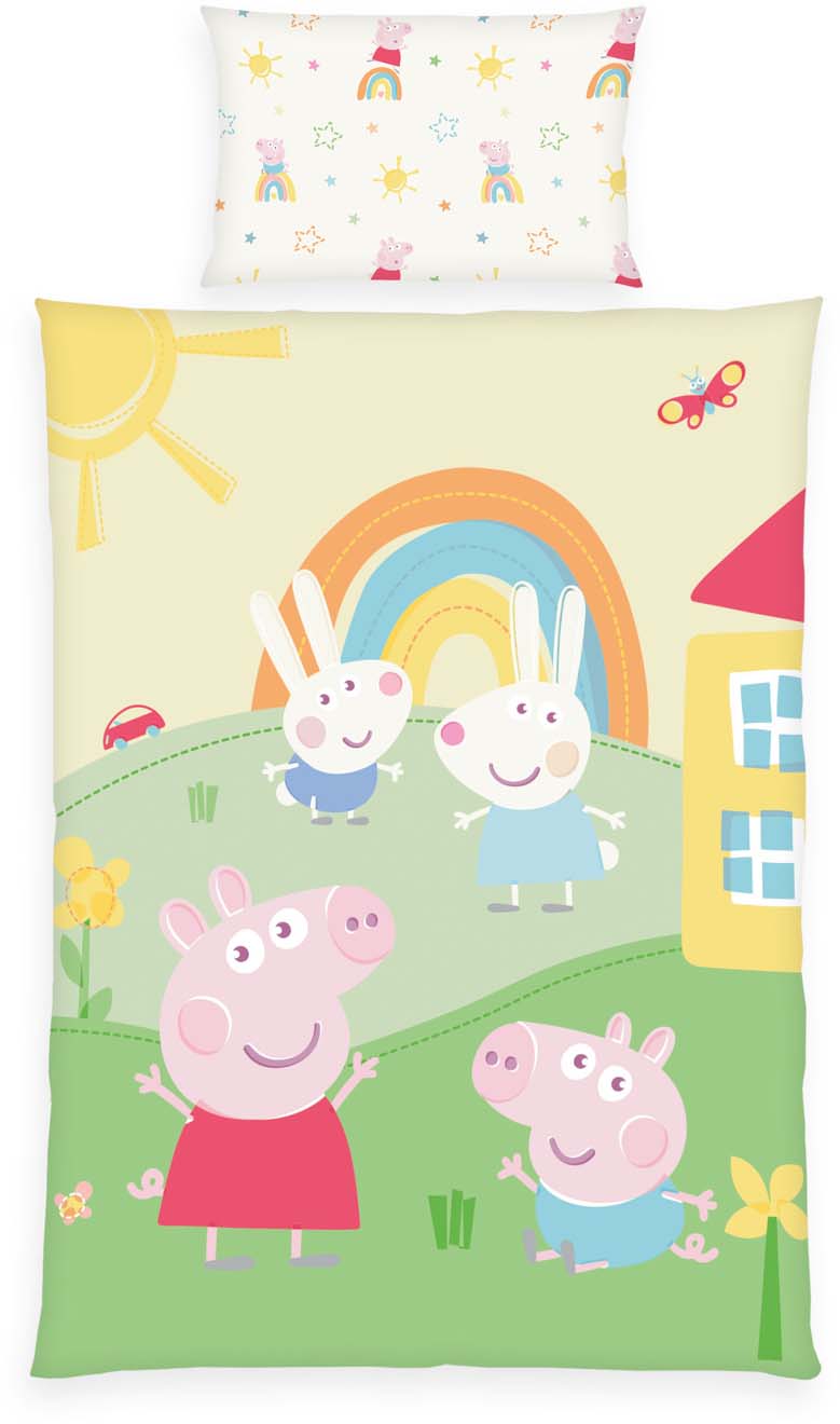 Peppa Pig - Parure de Lit Bébé Coton Montgolfière - Housse de Couette 100x135 Ta