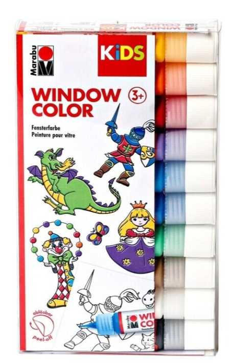 Set Marabu Window Color Party – 6 Flaconi 80ml + 6 Flaconi 25ml, 10 Pellicole E 4 Modelli, Per Decorare Vetri E Superfici Lisce
