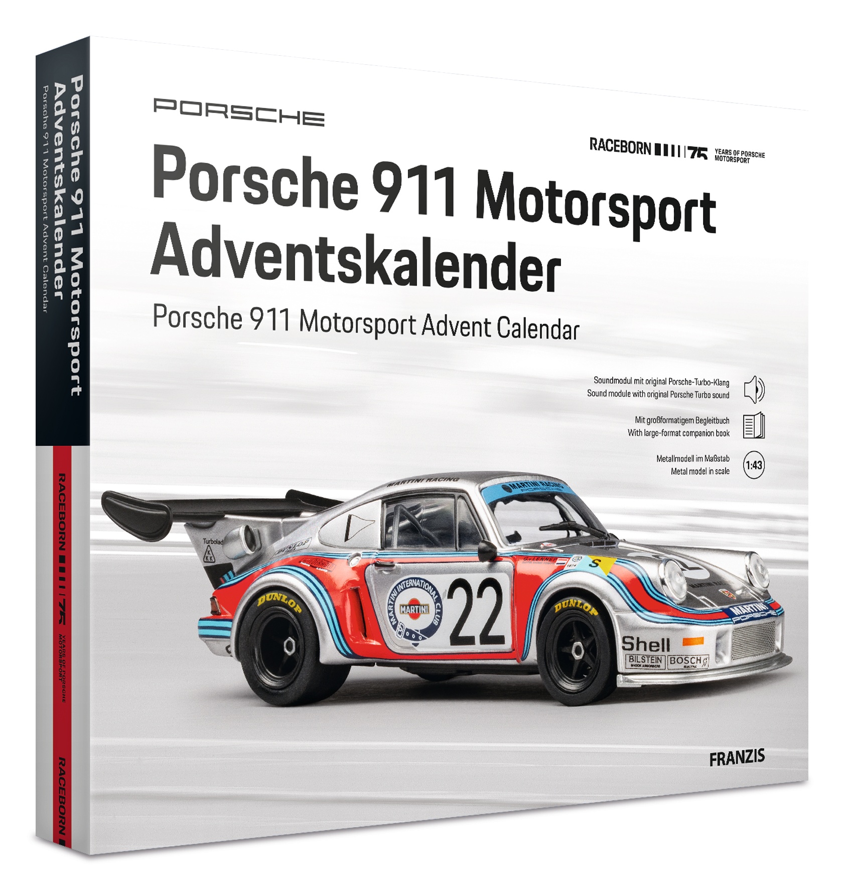 Franzis Porsche 911 Motorsport Adventskalender 2026 mit Modellbausatz 1:43 und Sound