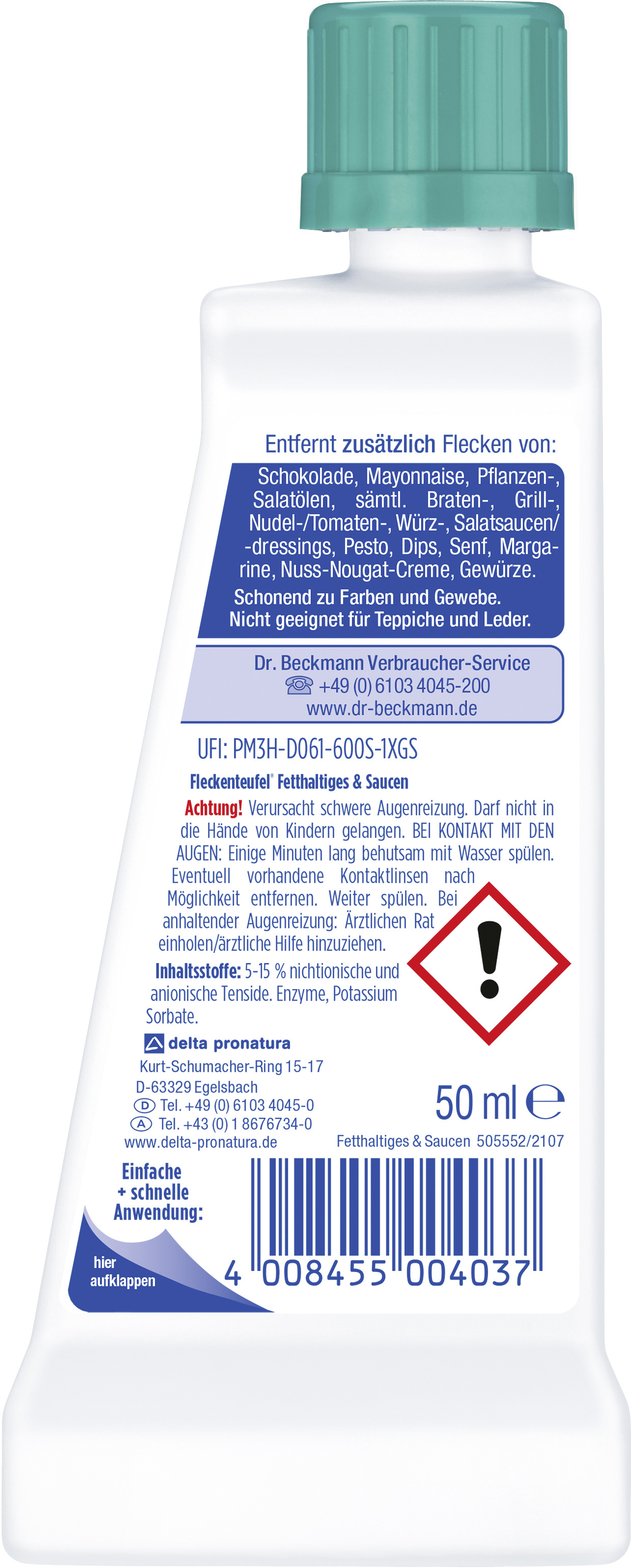 Dr. Beckmann Fleckenteufel Für Fett & Saucen – 50 Ml, Entfernt Fettflecken, Schokolade & Mehr