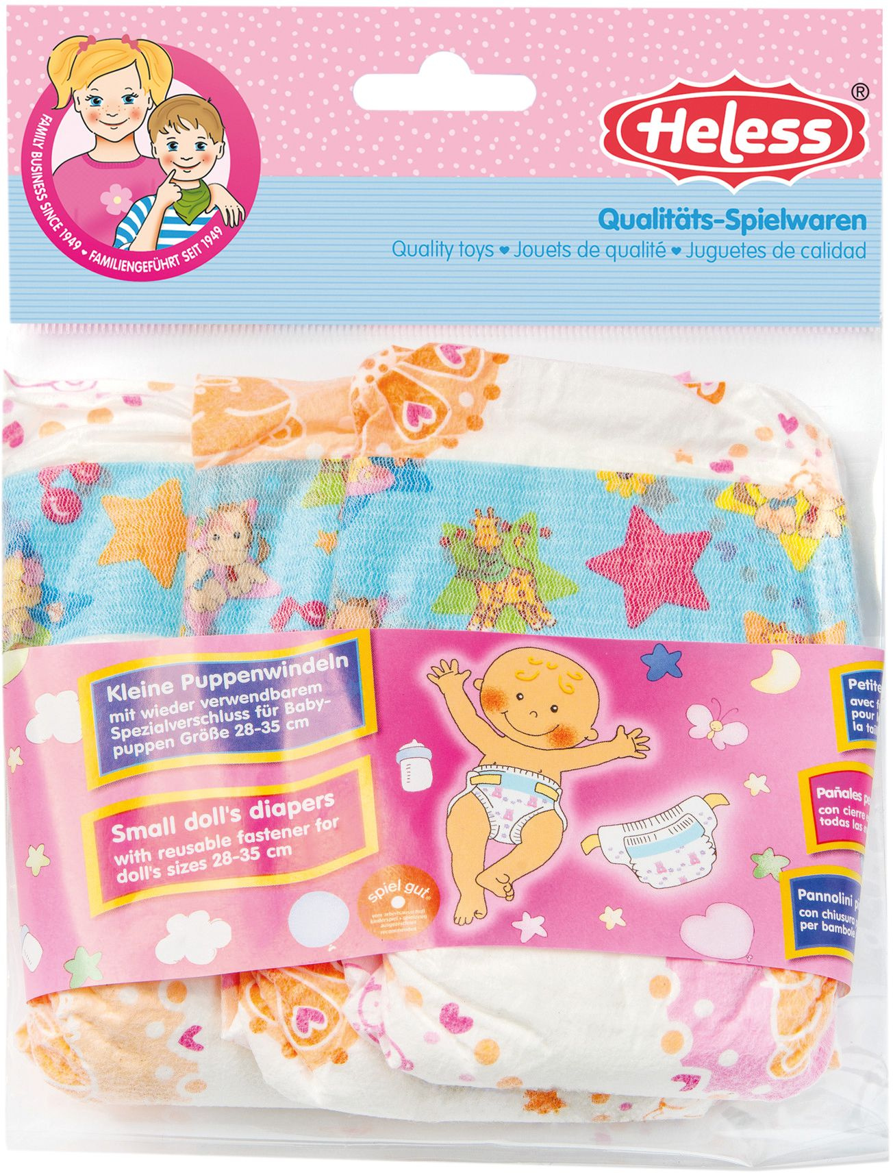 Heless 1075 – Pañales Para Muñecas De 6 Unidades Con Estampados Infantiles Coloridos En La Cintura, Talla 35-50 Cm, Ideales Para Juegos De Rol Y Cuidado De Muñecas