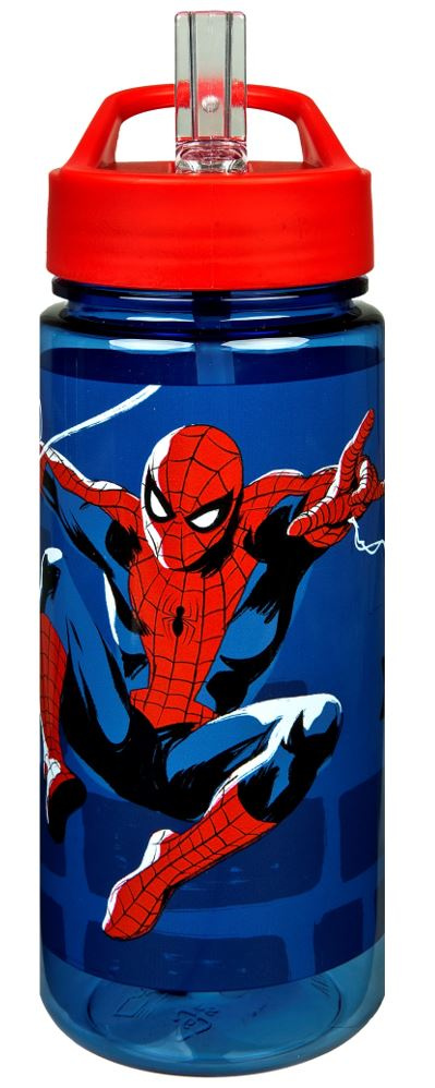 Marvel Spider-Man Trinkflasche – 600 Ml, BPA-frei, Auslaufsicher, Mit Klapp-Trinkhalm, Blau/rot
